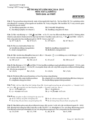 Đề 5 thi học kì 1 năm học 2014 - 2015 môn  Vật lí, khối 12 thời gian 60 phút Trường THPT Trưng Vương